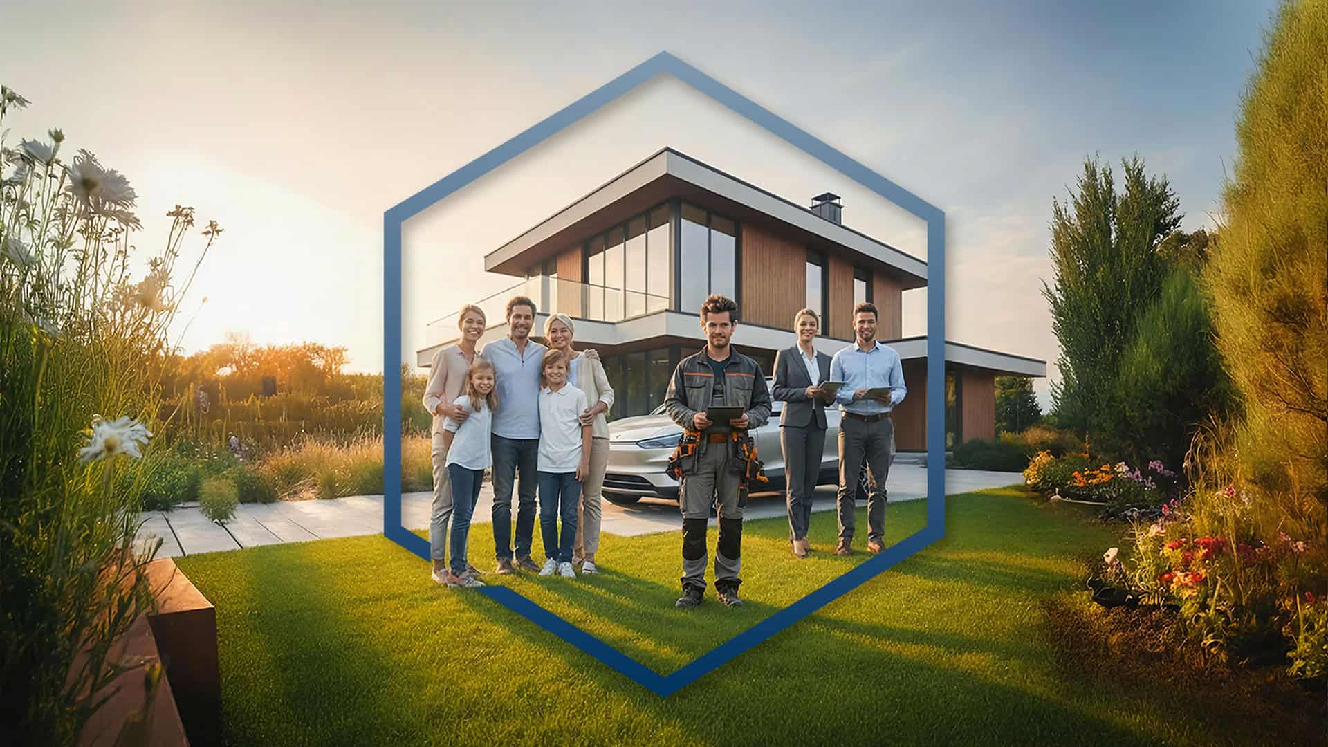 Versichern Vielfalt an Experten für Finanzberatung, Immobilien und Bauprojektentwicklung vor modernem Haus im Grünen, Fokus auf individuelle Finanzlösungen und Immobilieninvestment.